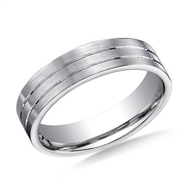 14K White Gold 6mm Comfort-Fit Satin-Finished with Parallel Center Cuts Carved Design Band