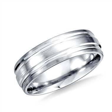 14K White Gold 6mm Comfort-Fit Satin-Finished with Parallel Grooves Carved Design Band