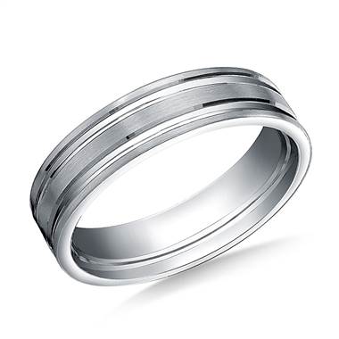14K White Gold 6mm Comfort-Fit Satin-Finished with Parallel Grooves Carved Design Band