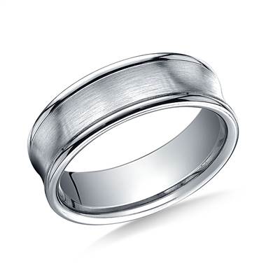14K White Gold 7.5mm Comfort-Fit Satin-Finished Concave Round Edge Carved Design Band