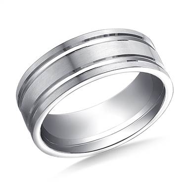 14K White Gold 8mm Comfort-Fit Satin-Finished with Parallel Grooves Carved Design Band