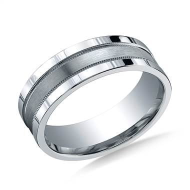 14K White Gold 8mm ComfortFit Satin-Finished Center with Milgrain&Squared Edge Carved Band