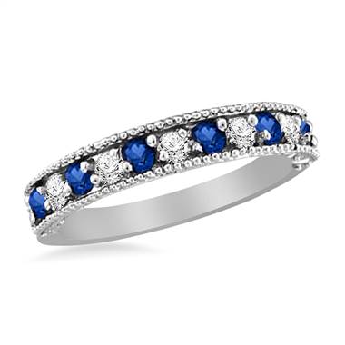 14K White Gold Blue Sapphire and Diamond Ring with Milgrain Border