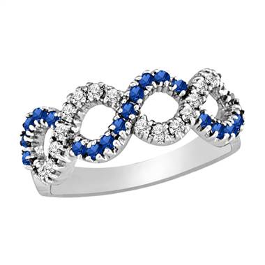 14K White Gold Blue Sapphire And Diamond Swirl Ring