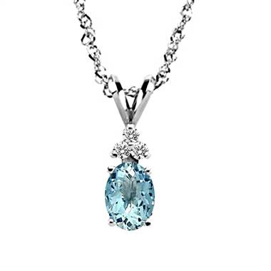 14K White Gold Diamond and Genuine Aquamarine Trio Accent Pendant (7x5mm)