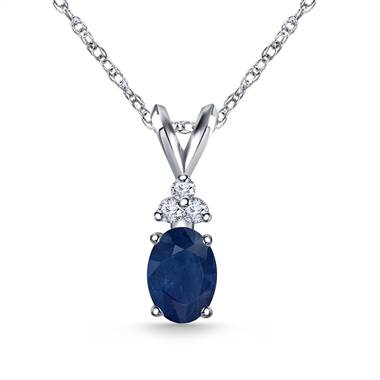 14K White Gold Diamond and Genuine Blue Sapphire Trio Accent Pendant (7x5mm)