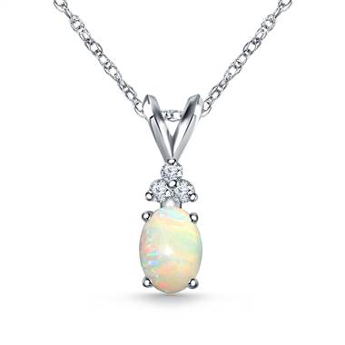 14K White Gold Diamond and Genuine Opal Trio Accent Pendant (7x5mm)