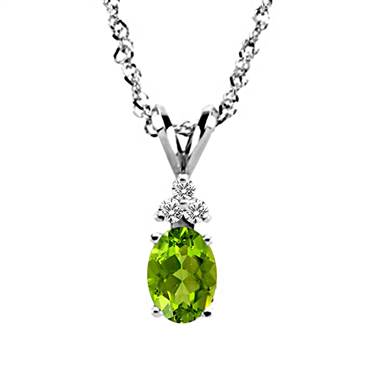 14K White Gold Diamond and Genuine Peridot Trio Accent Pendant (7x5mm)