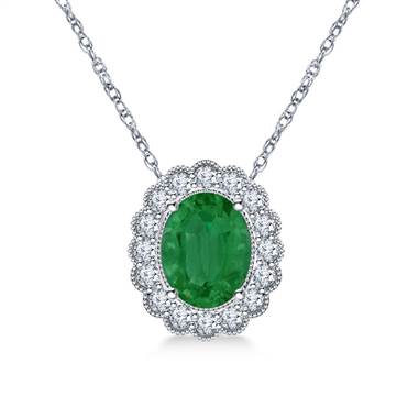 14K White Gold Emerald and Diamond Pendant Necklace with Scalloped Halo (9x7mm)