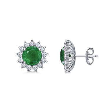 14K White Gold Emerald and Diamond Stud Earrings with Starburst Halo (6mm)