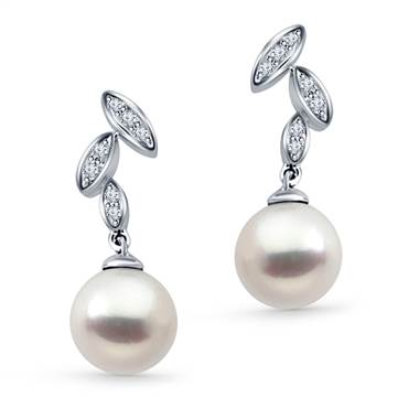 14K White Gold Freshwater Cultured Pearl Earrings With Diamonds