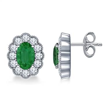 14K White Gold Oval Emerald and Diamond Stud Earrings with Scalloped Halo (6x4mm)