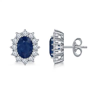 14K White Gold Oval Sapphire and Diamond Stud Earrings with Starburst Halo (7x5mm)
