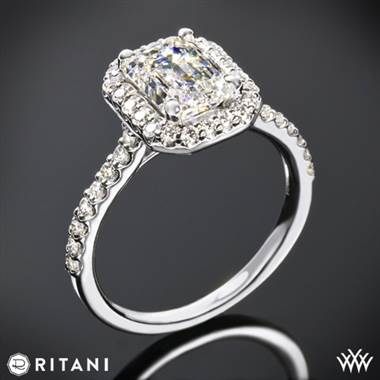 14k White Gold Ritani 1EMZ1323 French-Set Halo Diamond Engagement Ring for Emerald