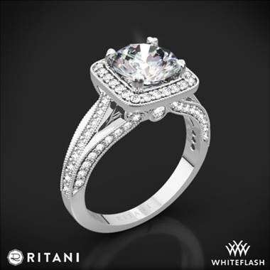 14k White Gold Ritani 1RZ3154 Masterwork Cushion Halo Vaulted Milgrain Diamond Engagement Ring