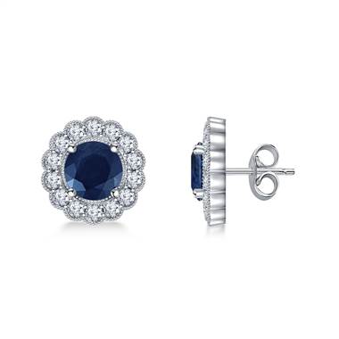14K White Gold Round Sapphire and Diamond Stud Earrings with Scalloped Halo (6mm)
