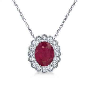 14K White Gold Ruby and Diamond Pendant Necklace with Scalloped Halo (9x7mm)