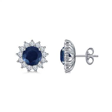 14K White Gold Sapphire and Diamond Stud Earrings with Starburst Halo (6mm)