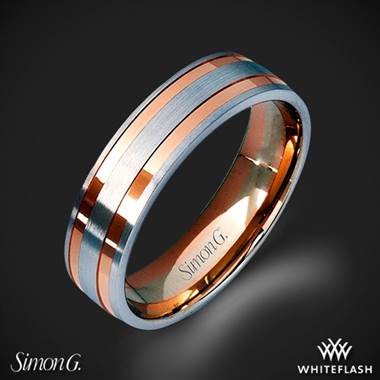 14k White Gold Simon G. LG104 Men's Wedding Ring with Rose Gold Accents
