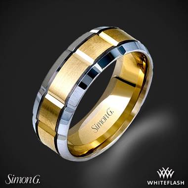 14k White Gold Simon G. LG112 Men's Wedding Ring with Yellow Gold Accents