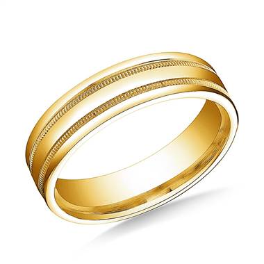 14K Yellow Gold 6mm Comfort-Fit High Polished with Milgrain Round Edge Carved Design Band