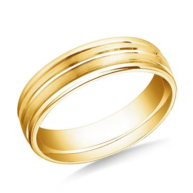 14K Yellow Gold 6mm Comfort-Fit Satin-Finished Center Trim & Round Edge Carved Design Band