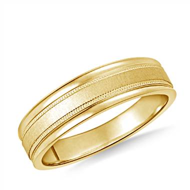 14K Yellow Gold 6mm Comfort-Fit Satin-Finished with Milgrain Round Edge Carved Design Band