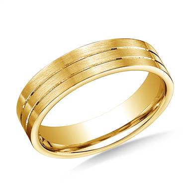 14K Yellow Gold 6mm Comfort-Fit Satin-Finished with Parallel Center Cut Carved Design Band