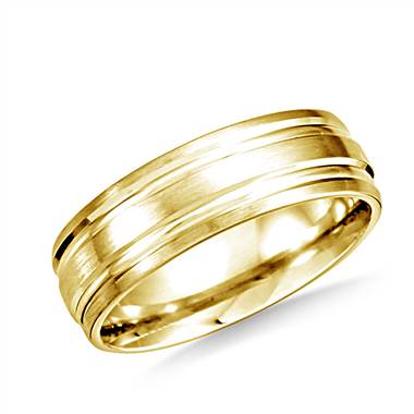 14K Yellow Gold 6mm Comfort-Fit Satin-Finished with Parallel Grooves Carved Design Band