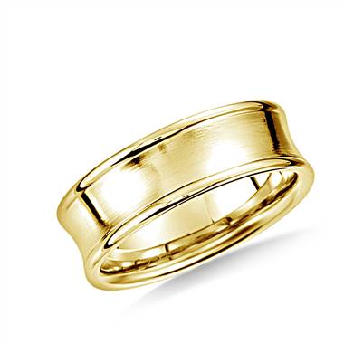 14K Yellow Gold 7.5mm Comfort-Fit Satin-Finished Concave Beveled Edge Design Band
