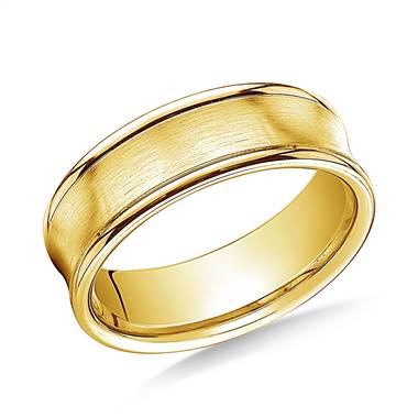 14K Yellow Gold 7.5mm Comfort-Fit Satin-Finished Concave Round Edge Carved Design Band