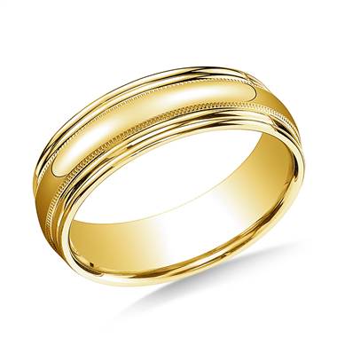 14K Yellow Gold 7.5mm Comfort-Fit with Milgrain Double Round Edge Carved Design Band