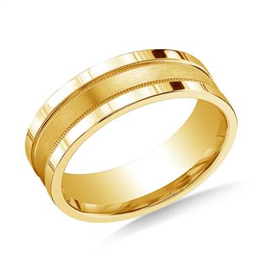 14K Yellow Gold 8mm Comfort-Fit Satin Center Milgrain and Squared Edge Carved Design Band