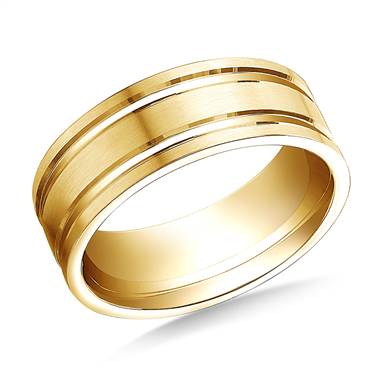 14K Yellow Gold 8mm Comfort-Fit Satin-Finished with Parallel Grooves Carved Design Band