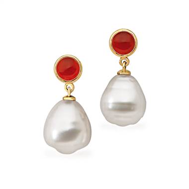 14K Yellow Gold South Sea Cultured Circle Pearl & Genuine Carnelians Earrings