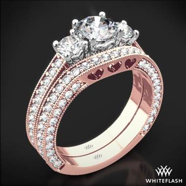 18k Rose Gold Clara Ashley Three Stone Wedding Set with Platinum Head