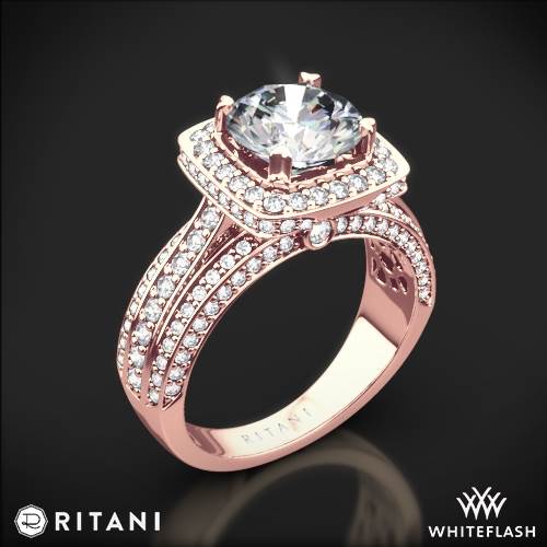 18k Rose Gold Ritani 1RZ3156 Masterwork Cushion Halo Triple Diamond Engagement Ring