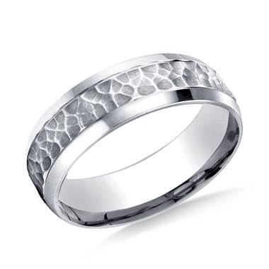 18K White Gold 7.5mm Comfort Fit Hammered Finish Beveled Edge Design Band