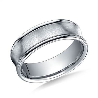 18K White Gold 7.5mm Comfort-Fit Satin-Finished Concave Round Edge Carved Design Band