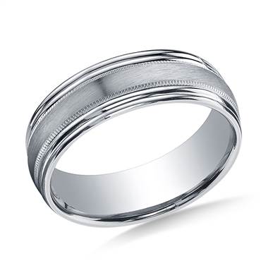 18K White Gold 7.5mm ComfortFit Satin-Finished with Milgrain Double Round Edge Carved Band
