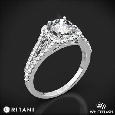 18k White Gold Ritani 1RZ1327 Cushion Halo 'V' Diamond Engagement Ring