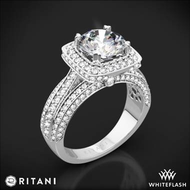 18k White Gold Ritani 1RZ3156 Masterwork Cushion Halo Triple Diamond Engagement Ring