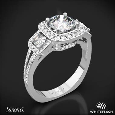 18k White Gold Simon G. TR446 Passion Halo Three Stone Engagement Ring
