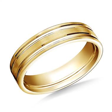 18K Yellow Gold 6mm Comfort-Fit Satin-Finished with Parallel Grooves Carved Design Band