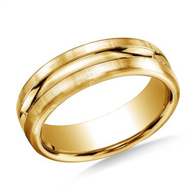 18K Yellow Gold 7.5mm Comfort-Fit Satin-Finished High Polished Center Cut Carved Band