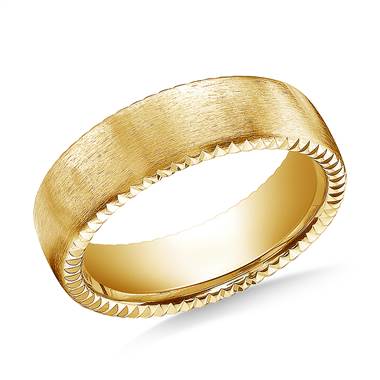 18K Yellow Gold 7.5mm Comfort-Fit Satin-Finished Rivet Coin Edging Carved Design Band