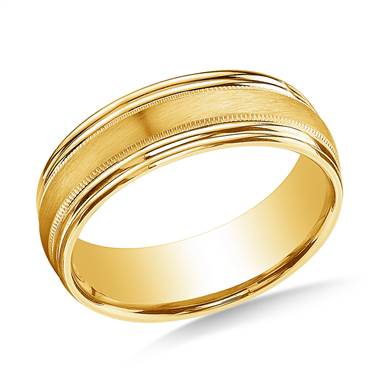 18K Yellow Gold 7.5mm ComfrtFit Satin-Finished with Milgrain Double Round Edge Carved Band