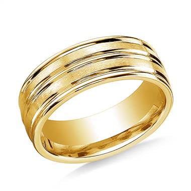 18K Yellow Gold 8mm ComfortFit Satin-Finished Cntr Trim and Round Edge Carved Design Band
