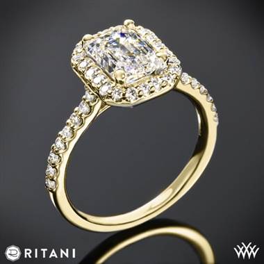18k Yellow Gold Ritani 1EMZ1323 French-Set Halo Diamond Engagement Ring for Emerald