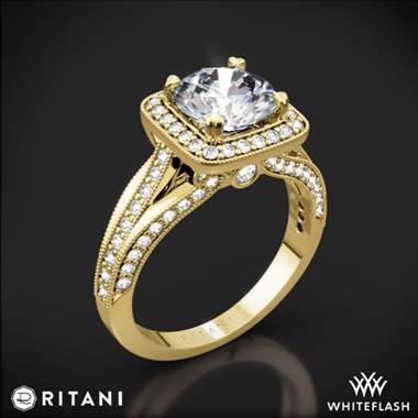 18k Yellow Gold Ritani 1RZ3154 Masterwork Cushion Halo Vaulted Milgrain Diamond Engagement Ring